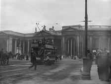 Street scene with electric tram in front of old Irish Paliament building, Dublin, Ireland, c1895. Creator: Robert Augustus Henry L'Estrange.