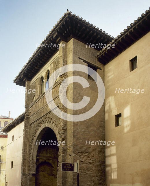 View of the facade with large horseshoe arch, Corral del Carbon, Granada, Andalusia, Spain (2002).  Creator: LTL.