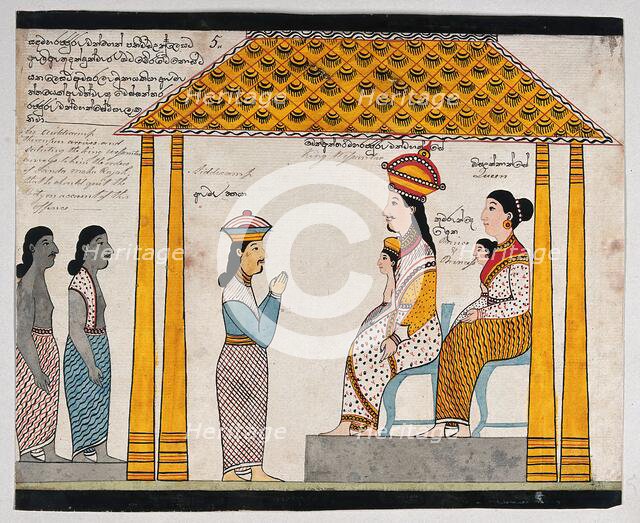 The representative of the people of Jetuttara requests Prince Vessantara to leave the city, 1815. Creator: Unknown.