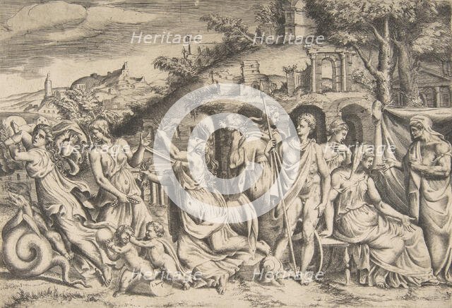 The story of Jason and Medea at the left she carries off her son, in the middle she is ..., 1531-76. Creator: Giulio Bonasone.