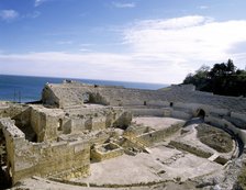 Roman Amphitheatre of Tarragona of elliptical floor, in the center of the arena there are remains…