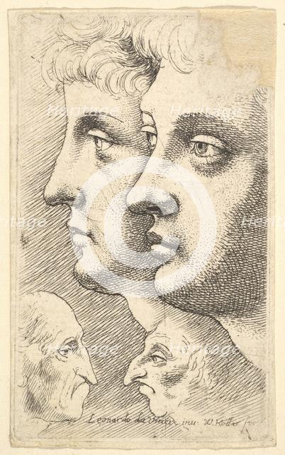 Two youths in profile to left with two grotesque heads facing each other below, 1625-77. Creator: Wenceslaus Hollar.