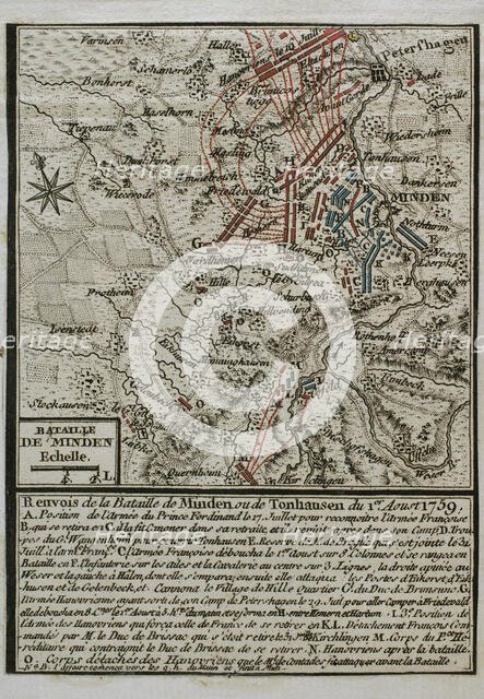 Seven Years War (1756-1763): Map of the Battle of Minden (August 1, 1759), 1765. Creator: Jean de Beaurain.