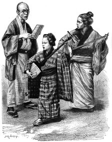 Japanese musicians and a dealer, 1895. Artist: Unknown