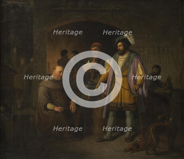 Jens Holgersen Ulfstand cures the abbot of Bækkeskov of his obesity by forcing him to work..., 1845. Creator: Peter Raadsig.