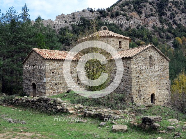 Monastery of Sant Pere de Graudescaldes in the foothills of the Busa mountains on the banks of th…