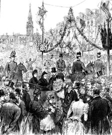Visit of the Queen to Waddesdon Manor...: receiving a bouquet in the Market Square, Aylesbury, 1890. Creator: R. Taylor.