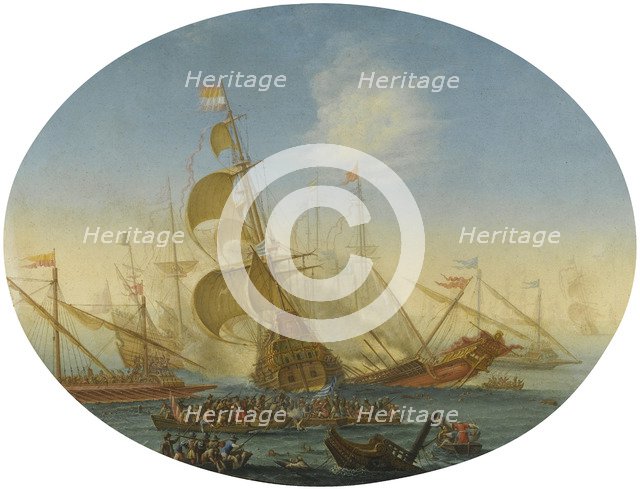 A naval battle between Turks and Christians. Artist: Grevenbroeck, Orazio (1670-1730)