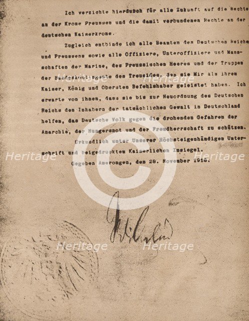 Document confirming the abdication of Kaiser Wilhelm II of Germany, 9 November 1918 (1935).  Creator: Unknown.