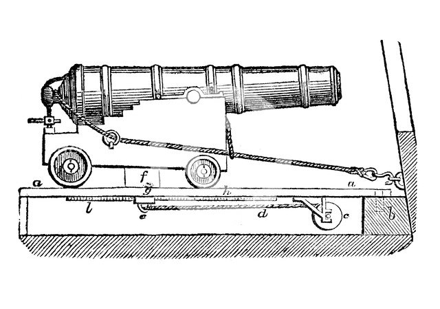 Ship cannon on gun carriage. Woodcut, 1835. Artist: Unknown