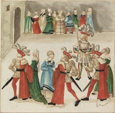 Three Men in Red Capes Dancing with Their Partners, c. 1515. Creator: Unknown.