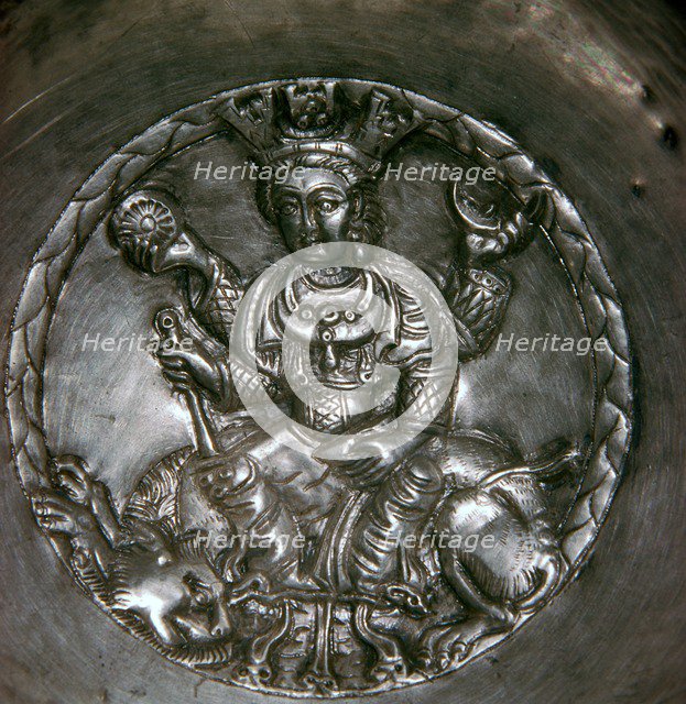 Sassanian dish showing a goddess seated on a lion. Artist: Unknown