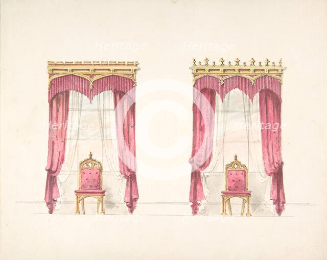 Design for Two Red Fringed Curtains with Gold Pelmets, early 19th century. Creator: Anon.