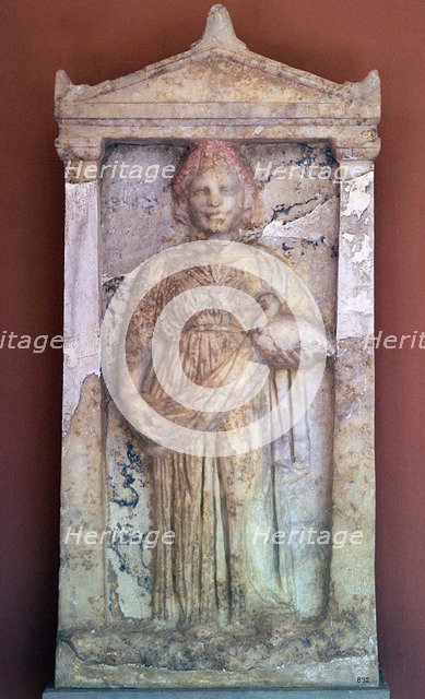 Greek stele of a girl holding a bird, 4th century BC. Artist: Unknown
