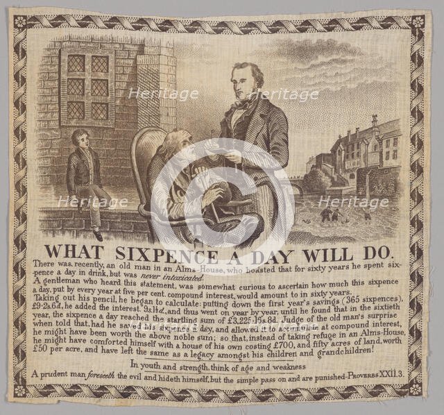 "What Sixpence a Day Will Do"-picture printed on fabric, 19th century. Creator: Unknown.