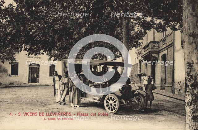Line bus with passengers at the stop in the Square of Sant Vicens de Llavaneres, on a postcard of…