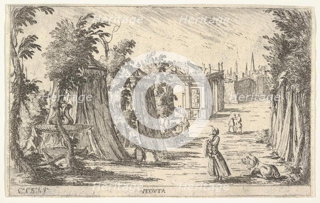 View with a man in a turban and a lion standing at right, tents and classical archite..., 1680-1710. Creator: Carlo Antonio Buffagnotti.