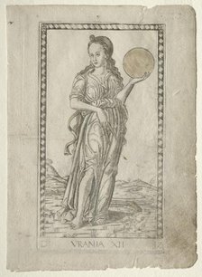 Urania (astronomy) (from the Tarocchi series D: Apollo and the Muses, #12), before 1467. Creator: Master of the E-Series Tarocchi (Italian, 15th century).