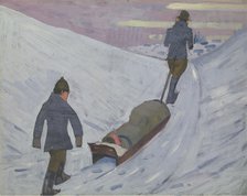 World War I: transport of the wounded by sledge in Russia, 1918. Creator: Jan Gordon.