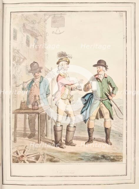 Three Couriers, leaf from 'A Collection of Dresses by David Allan Mostly from Nature', 1776. Creator: David Allan.