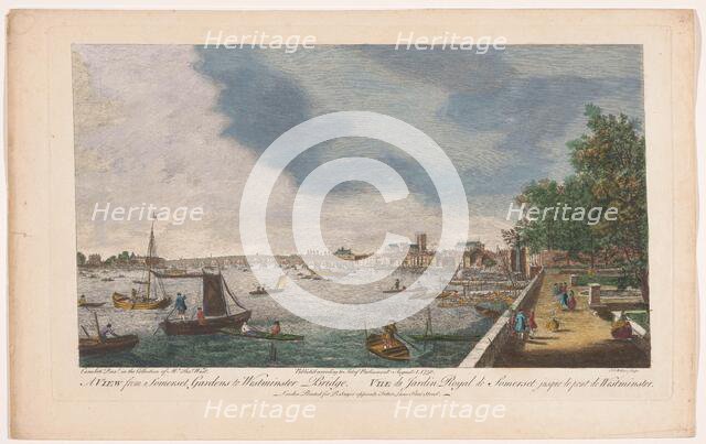 View of Westminster Bridge over the River Thames in London, seen from the garden of Somer..., 1750. Creator: John Miller.