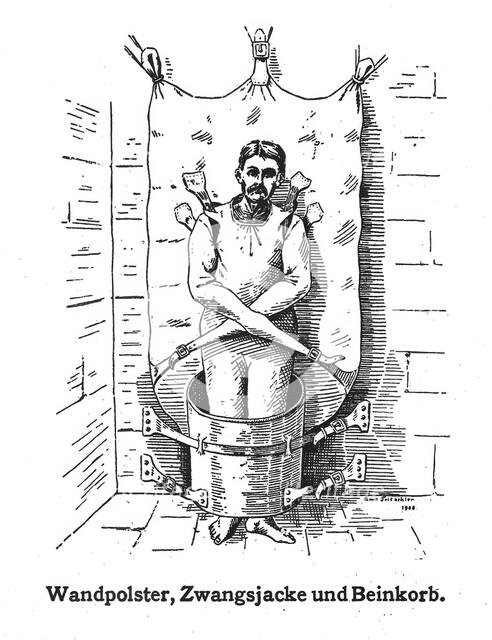 A mentally ill patient in a strait-jacket attached to the wall and a strange barrel..., 1908. Creator: Unknown.