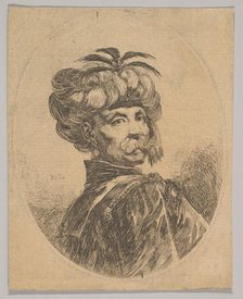 A Turkish man with a moustache, wearing a turban decorated with five egret feathers, turne..., 1650. Creator: Stefano della Bella.