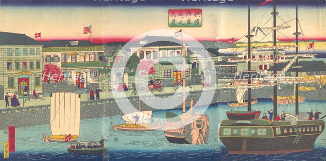 View of the Seafront in Yokohama (Yokohama Kagandori no fukei), 5th month, 1870. Creator: Utagawa Hiroshige III.