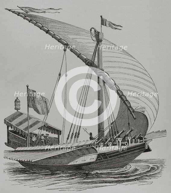 Pontifical galley equipped with large stays, sails, oars and heavy artillery, 1550 (1877.  Creator: Unknown.