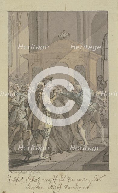 Three men arguing with swords and a clergyman before a confessional. Creator: Christian Sambach.