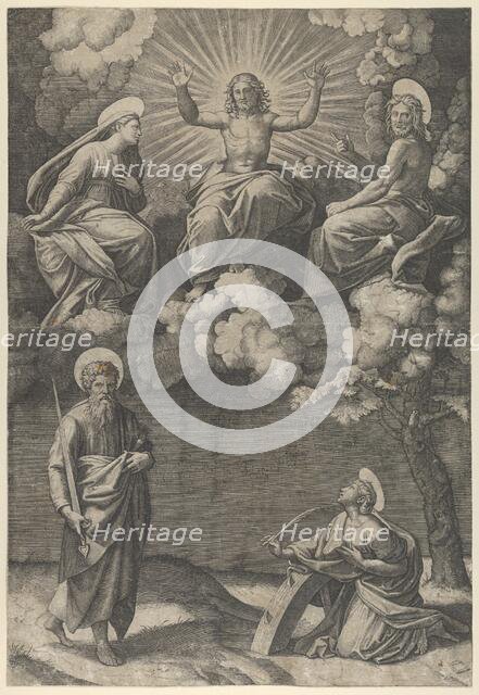 Christ flanked by the Virgin and St. John in the upper section, St. Paul and St. Ca..., ca. 1520-25. Creator: Marcantonio Raimondi.