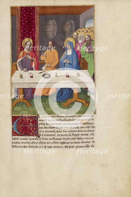 Judas Seated at a Table between Christ and the Virgin, about 1480-1490. Creators: Master of Guillaume Lambert, Workshop of Master of Guillaume Lambert.