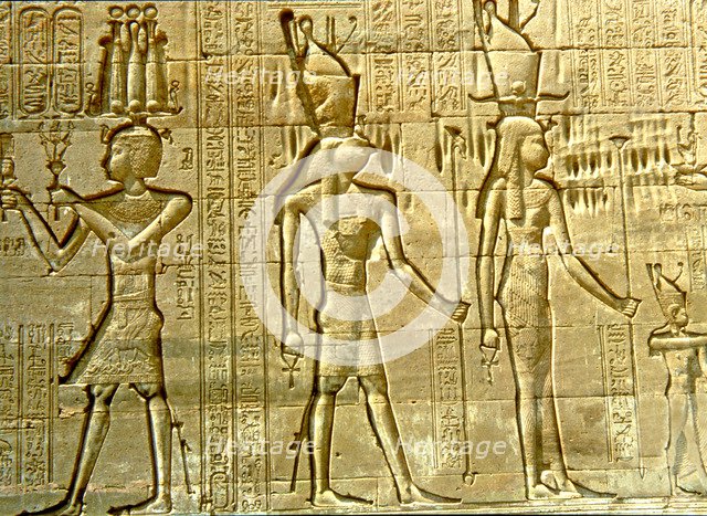 Reliefs with figures and writing in the Temple of Hathor.