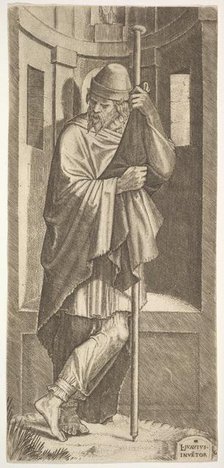 St. James Major leaning on a pole before a niche, his left leg crossed over his right, fro..., 1545. Creator: Lambert Suavius.