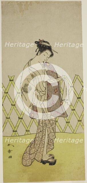 The Actor Nakamura Riko I as Hakata no Kojoro (?) in the Play Shitenno-ji Nobori Kuyo..., c. 1773. Creator: Shunsho.