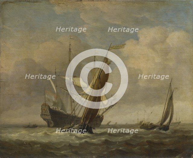 Two Small Vessels and a Dutch Man-of-War in a Breeze, c. 1660. Artist: Velde, Willem van de, the Younger (1633-1707)