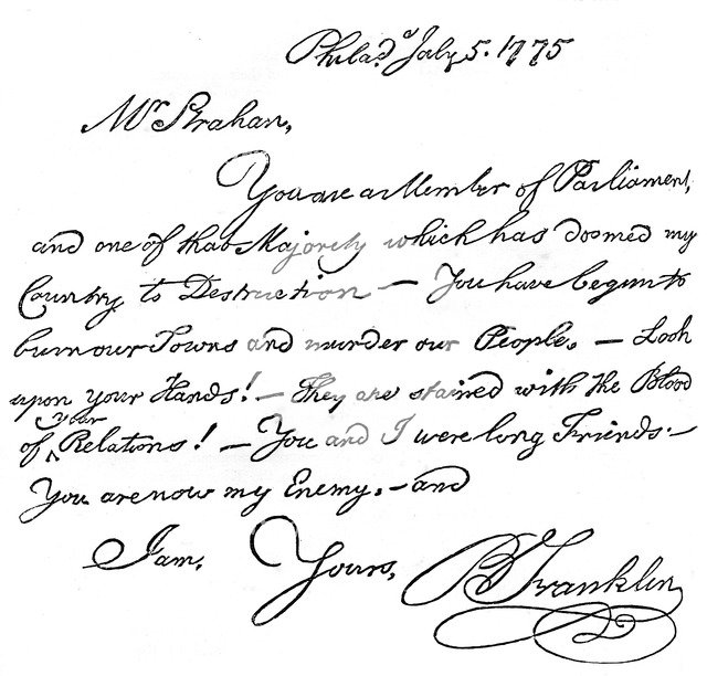 Facsimile of a letter from Benjamin Franklin to Mr Strahan, 1775 (c1880). Artist: Unknown