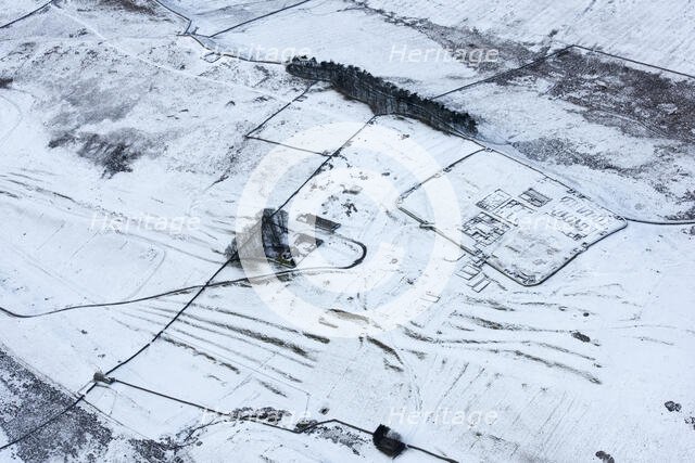 Housesteads or Vircovicium Roman Fort on Hadrian's Wall in the snow, Northumberland, 2018. Creator: Emma Trevarthen.