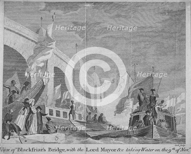 Lord Mayor's procession passing under Blackfriars Bridge, London, 1770. Artist: Thomas Cook