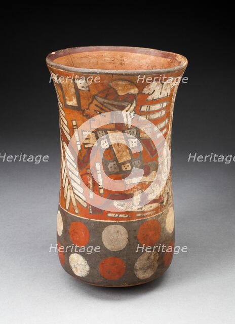 Beaker Depicting Warriors Holding Feathered Staffs with Regalia, 180 B.C./A.D. 500. Creator: Unknown.