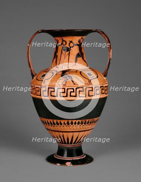 Attic Black-Figure Nikosthenic Amphora with Boxers, about 520 BC. Creators: Painter N, Nikosthenes.