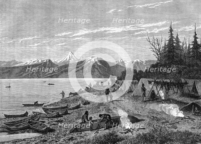 A Native American camp at the edge of the Yukon river, USA, 19th century.Artist: Hurel