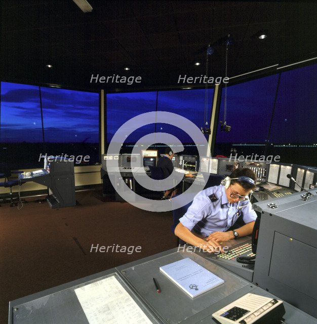 An view of the interior of the Air Traffic Control tower at RAF Leeming, North Yorkshire, 1990. Artist: Unknown