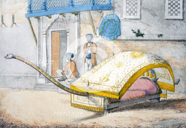 D'jehalledar, or canopied bed conveyance with extra-long front, 1799. Creator: Franz Balthazar Solvyns (1760-1824).