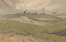 Dune landscape with lighthouse and people mending fishing nets, 1872-1944.  Creator: Frans Smissaert.