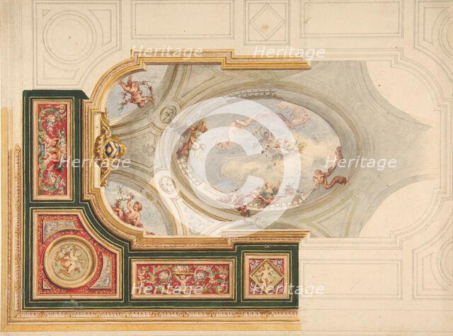 Design for a ceiling in Baroque style with a central panel in trompe l'oeil, 19th century. Creators: Jules-Edmond-Charles Lachaise, Eugène-Pierre Gourdet.