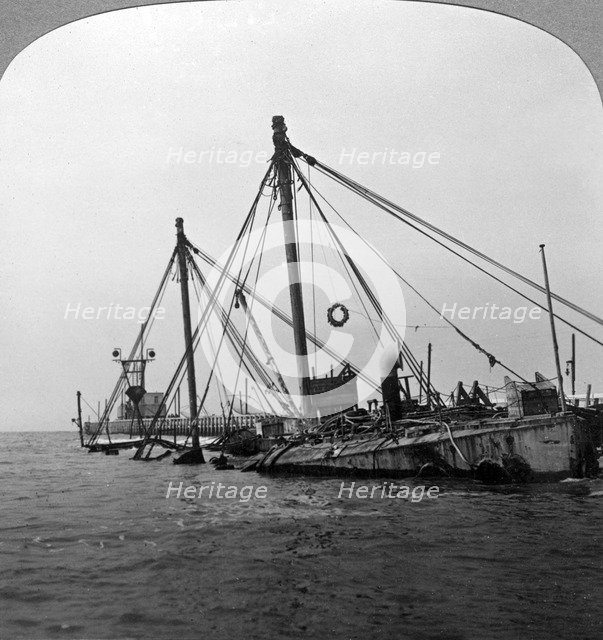 Sunken warship HMS 'Vindictive', Ostend, Belgium, World War I, 1918.Artist: Realistic Travels Publishers