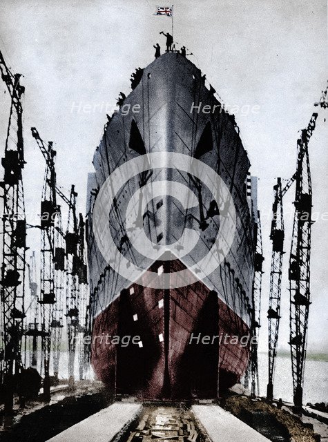 Launch of the Cunard ocean liner `Queen Mary`, 1934 (1935).  Artist: Unknown.