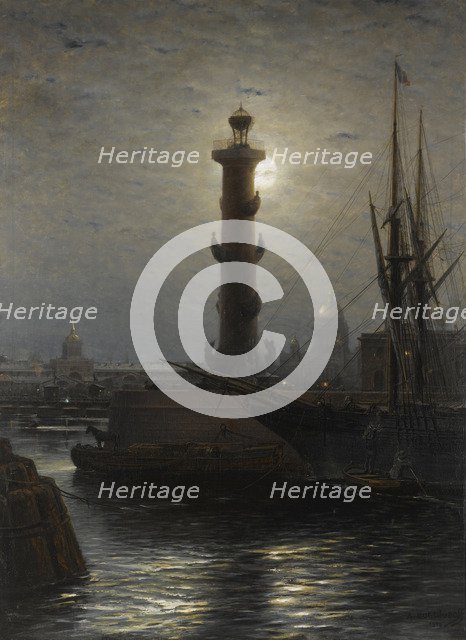 The Rostral Column near the Stock Exchange in St. Petersburg, 1878. Artist: Bogolyubov, Alexei Petrovich (1824-1896)