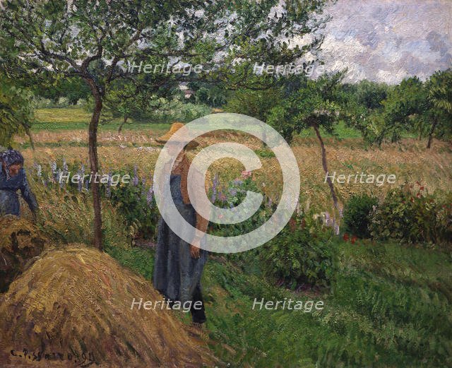 Gardener standing by a haystack, overcast sky, Eragny, 1899. Creator: Pissarro, Camille (1830-1903).
